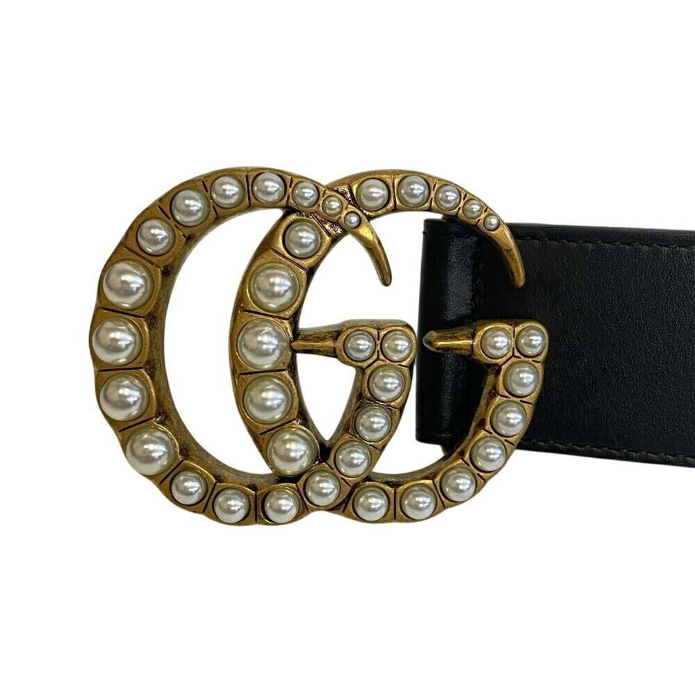 GUCCI 453260 Faux Pearl GG Marmont Double G Belt in Black for Women - Picture 2 of 11